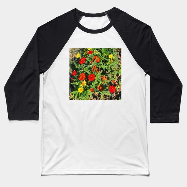 Pretty Red Orange and yellow Flowers with green leaves nature lovers beautiful photography design Baseball T-Shirt by BoogieCreates